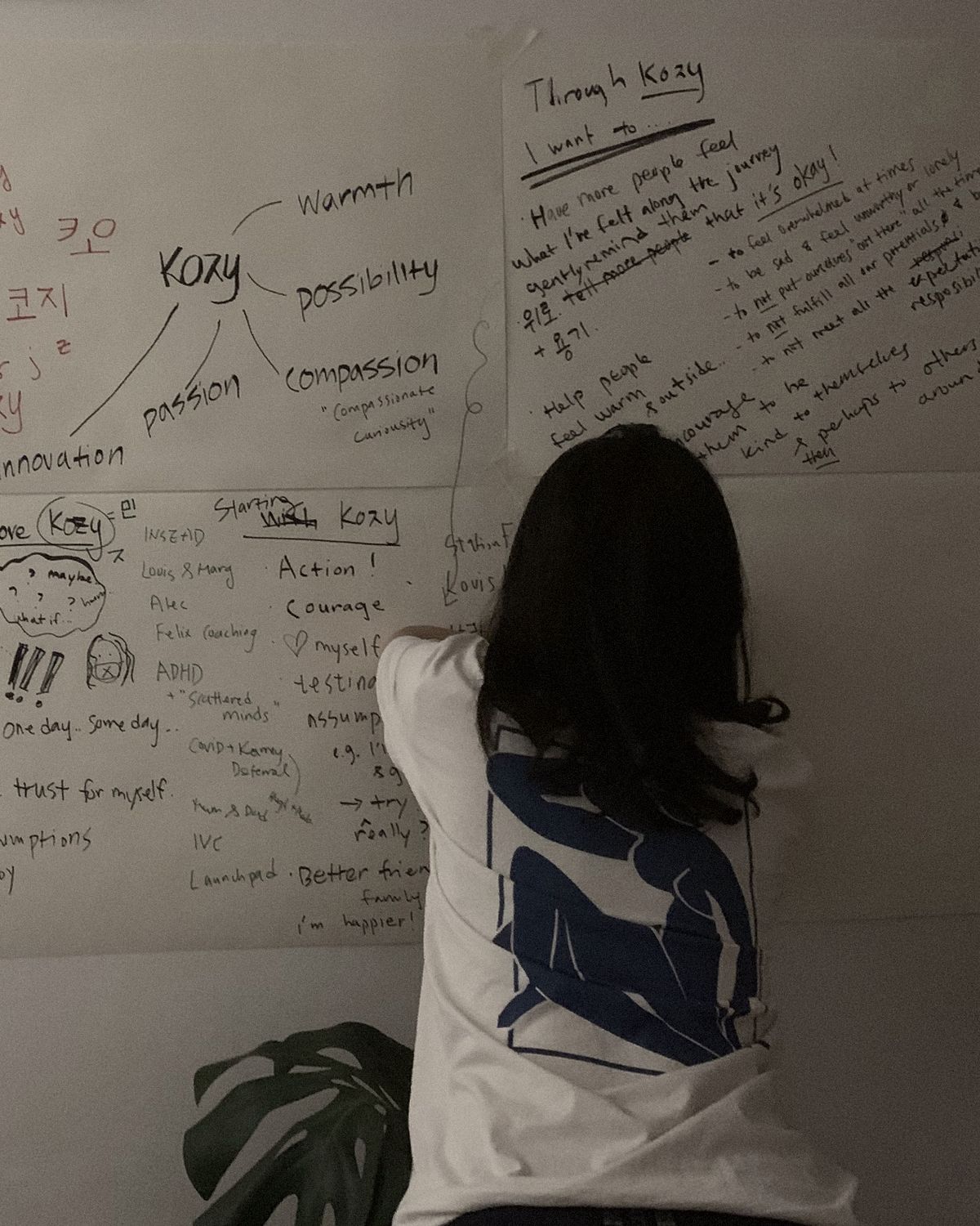 Min from behind, writing on sheets of paper taped to a wall — Kozy, warmth, possibility, compassion; Through Kozy I want to…