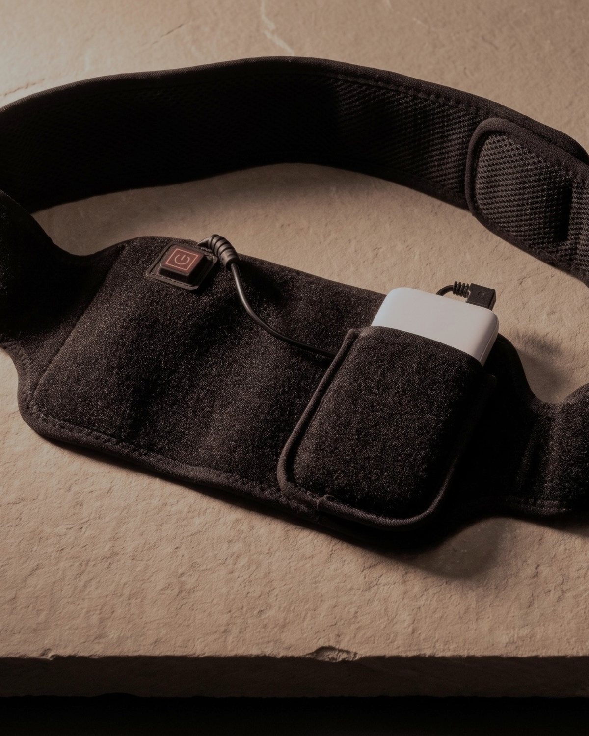 Poom, a matte black ondol wrap with its power bank tucked in the pocket, laid on dark stone