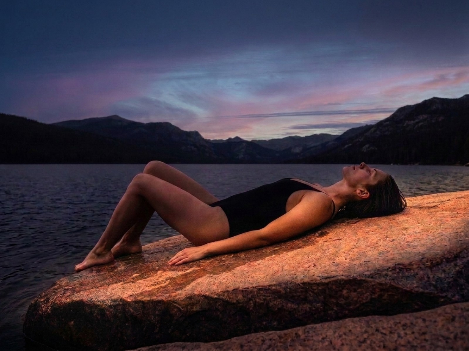 Lying back on a wide flat rock at dusk, the water and the hills already cold, the stone still warm from the day