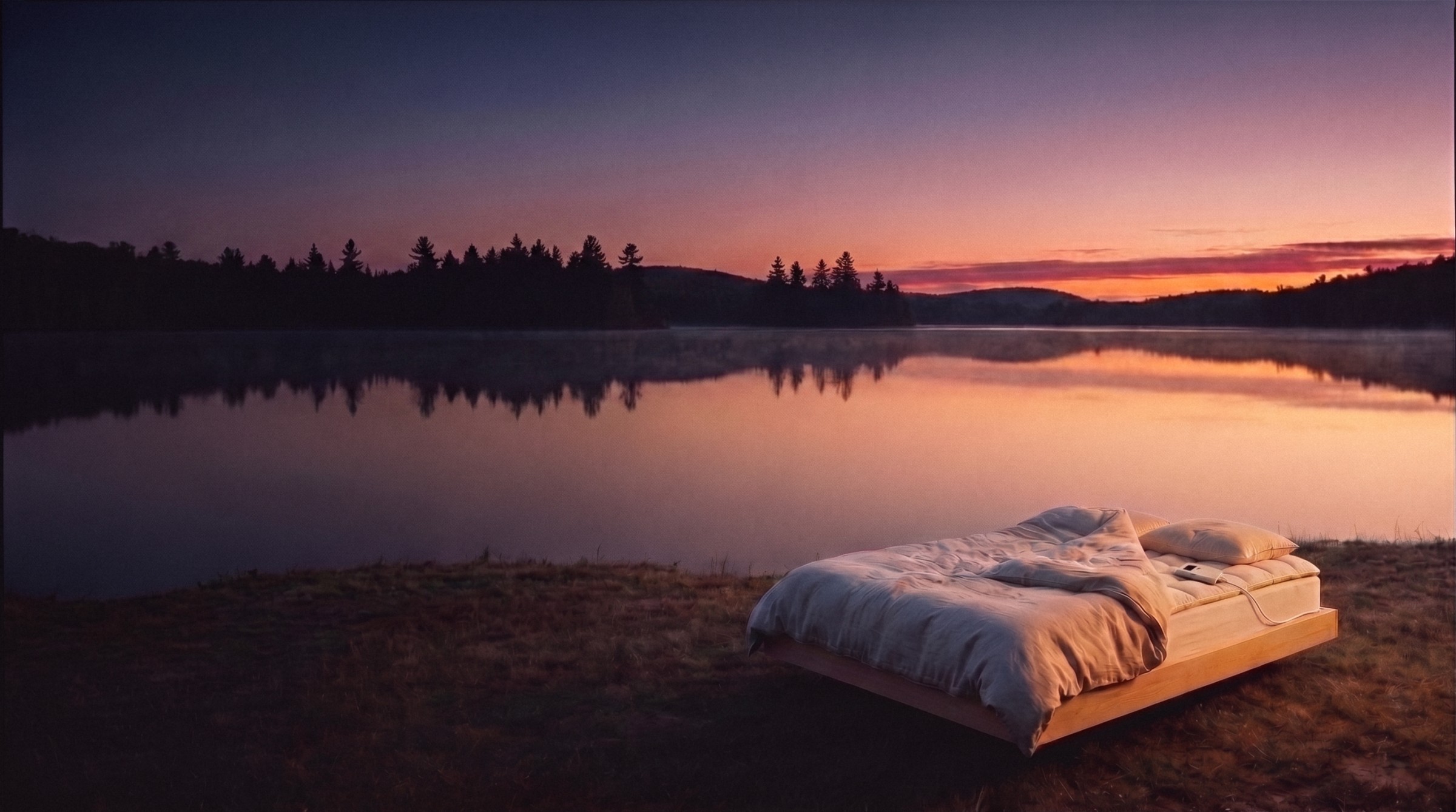 A made bed standing alone on the shore of a still lake at dusk — the quilted Litual topper and its controller catching the last warm light, the water and treeline already cold