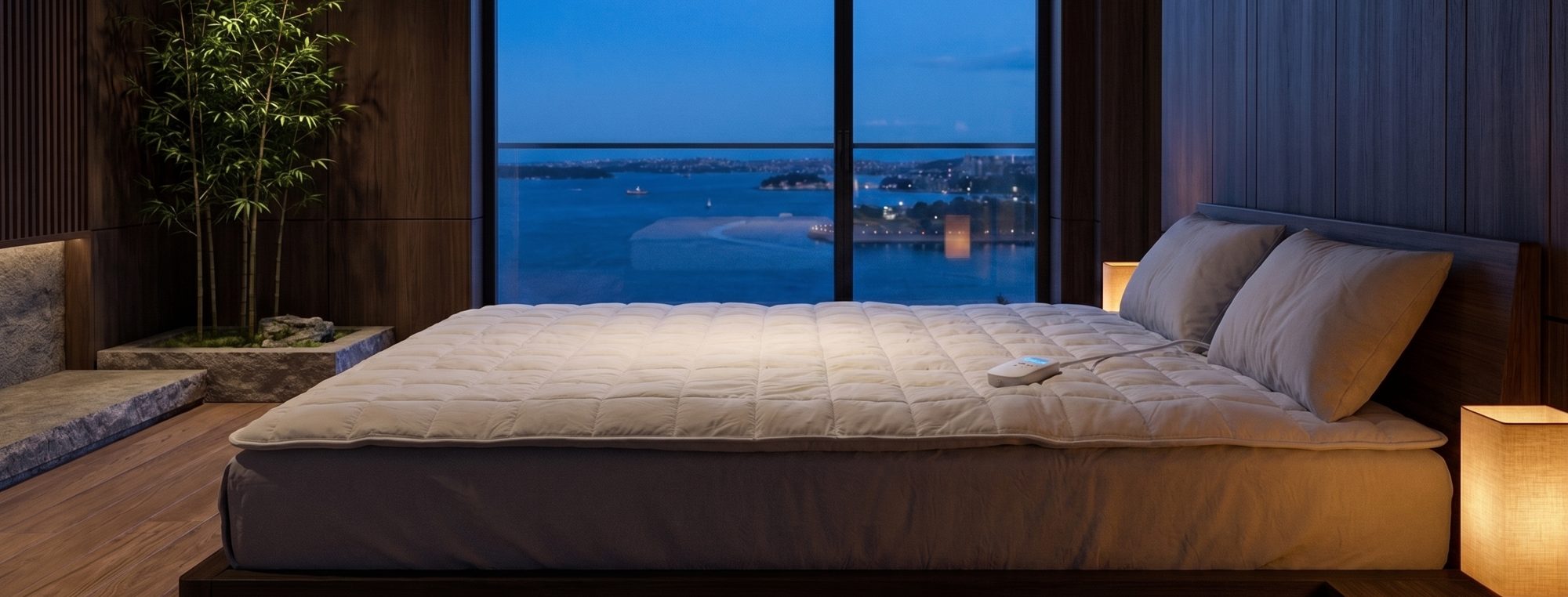 The Litual topper on a low bed at night, one lamp lit, a dark sea and city lights beyond the window