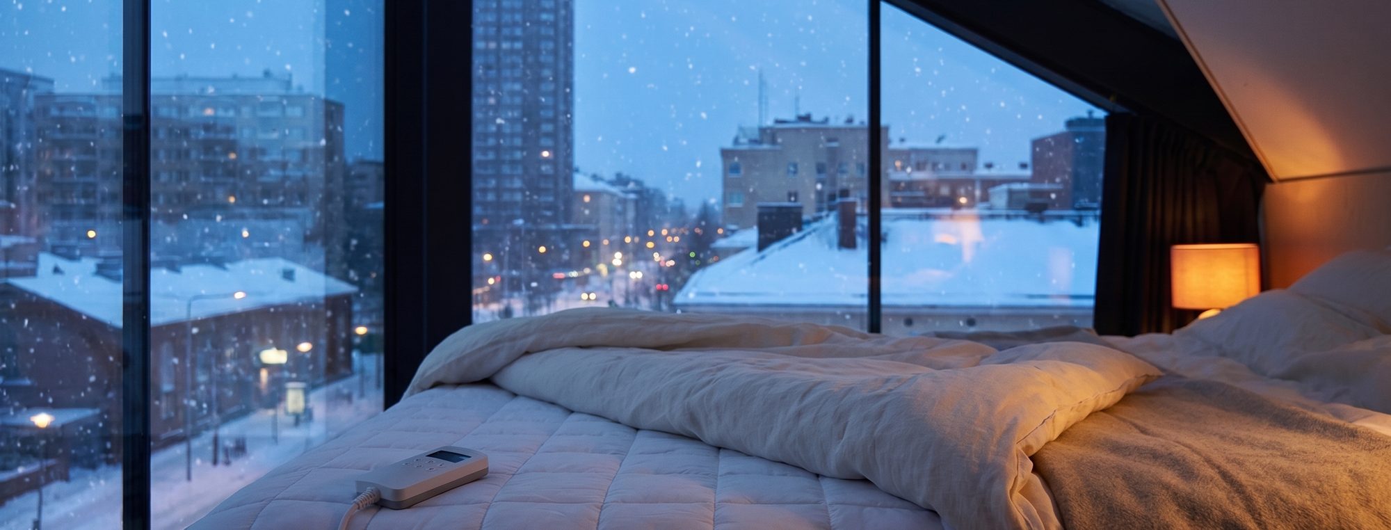 Snow falling over a city outside a tall attic window; inside, the Litual topper on the bed and one warm lamp