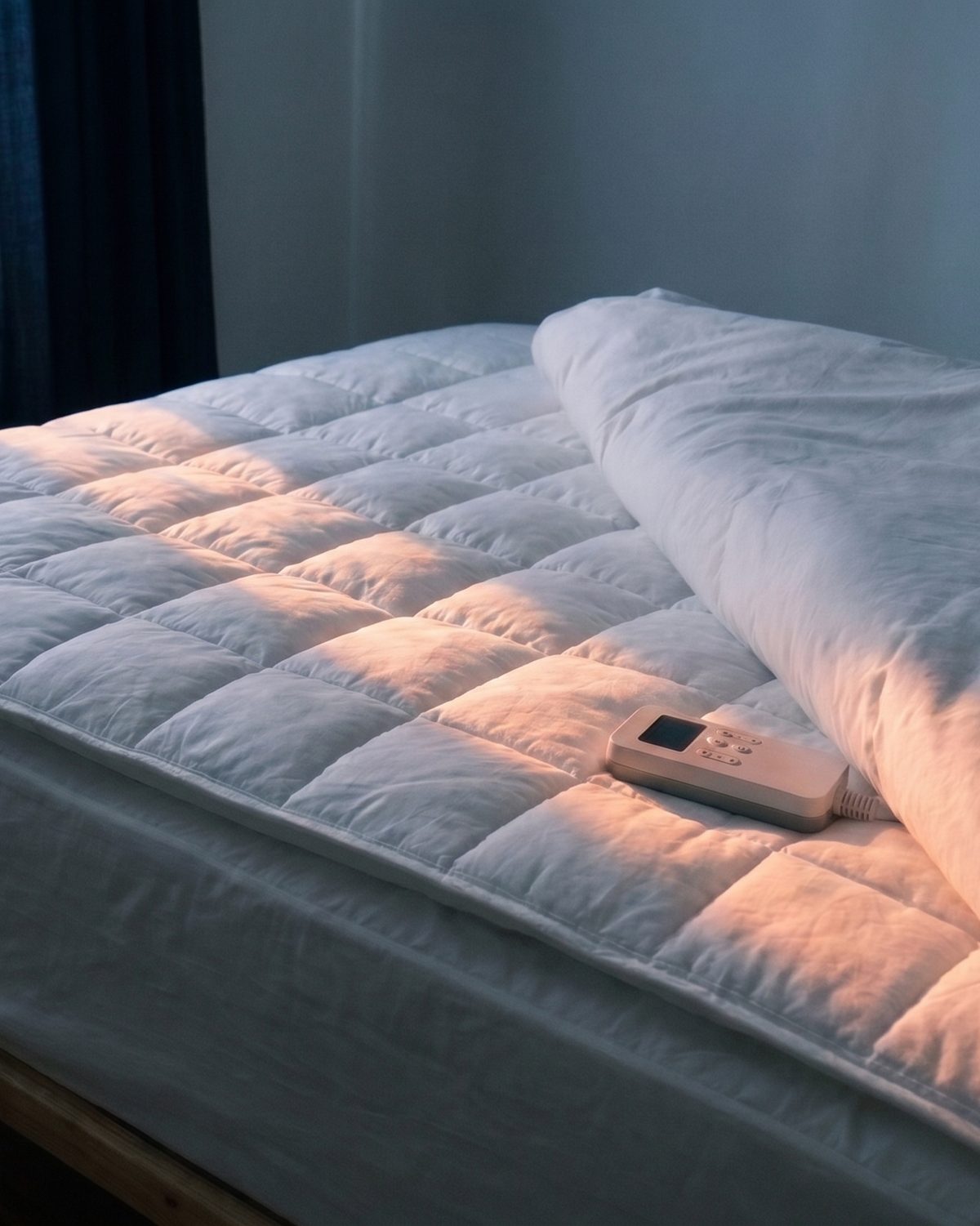 The Litual topper on a mattress in morning light — quilted surface, corner strap and the white controller resting on top