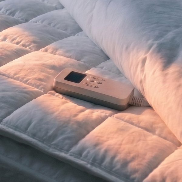 The white Litual controller resting on the quilted topper