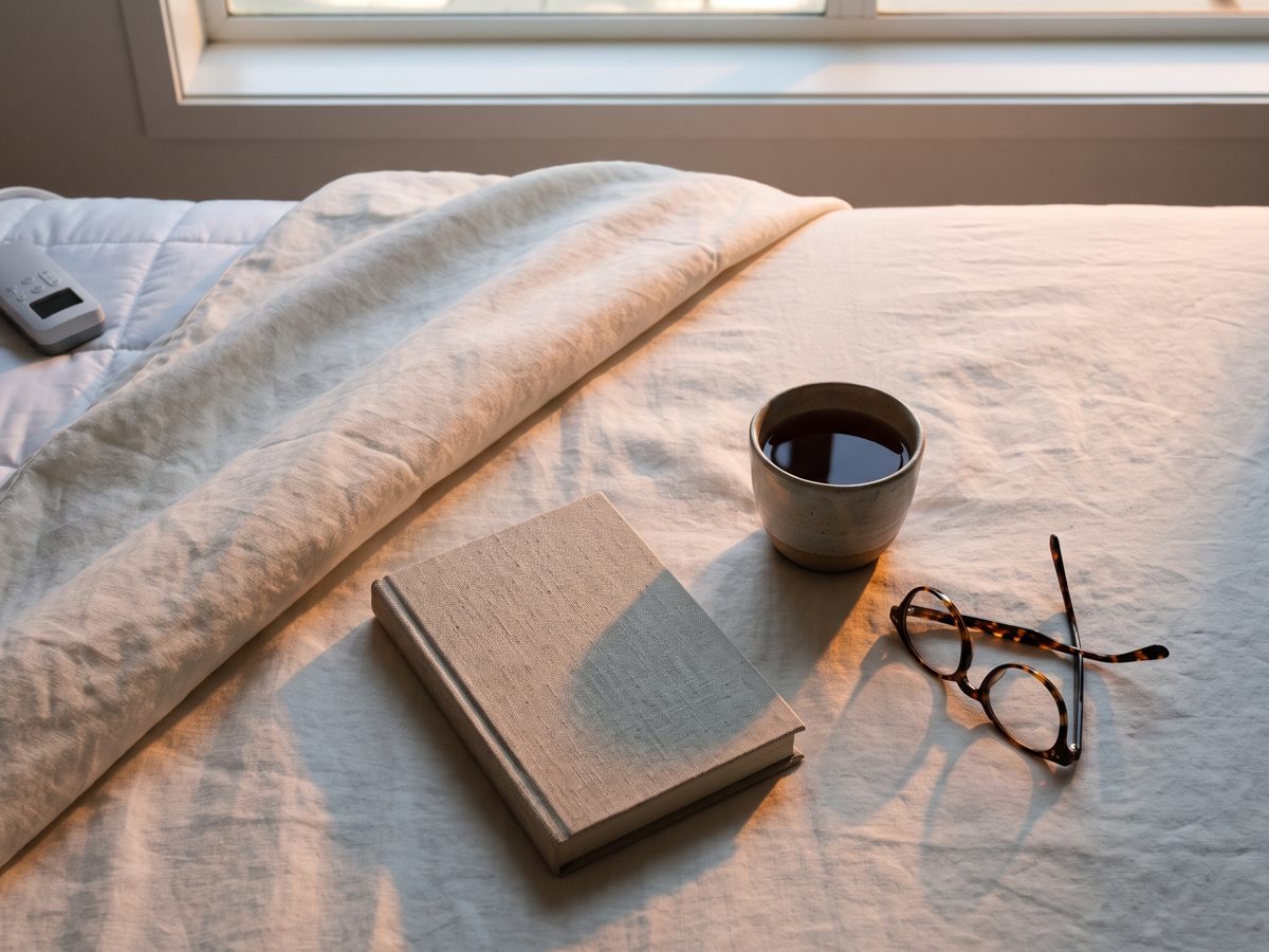Morning light on the bed — the duvet folded back over the topper, a cup of tea, a book and reading glasses on the linen