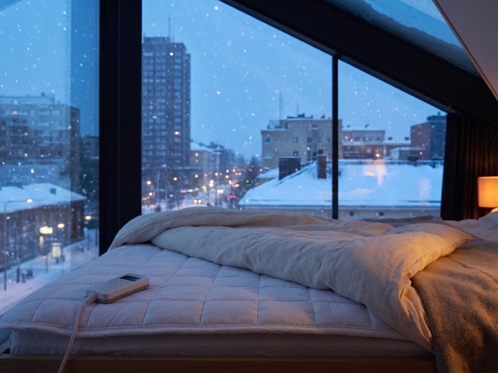 Snow falling over a city outside a tall window; inside, the Litual topper on the bed and one warm lamp
