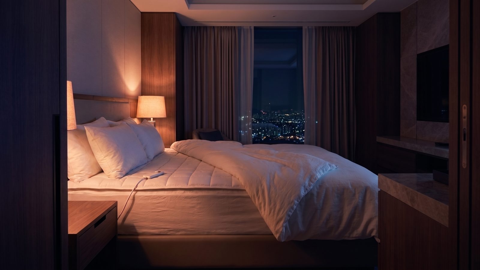 A hotel room at turndown — the Litual topper under the folded-back duvet, one bedside lamp, city lights beyond the window