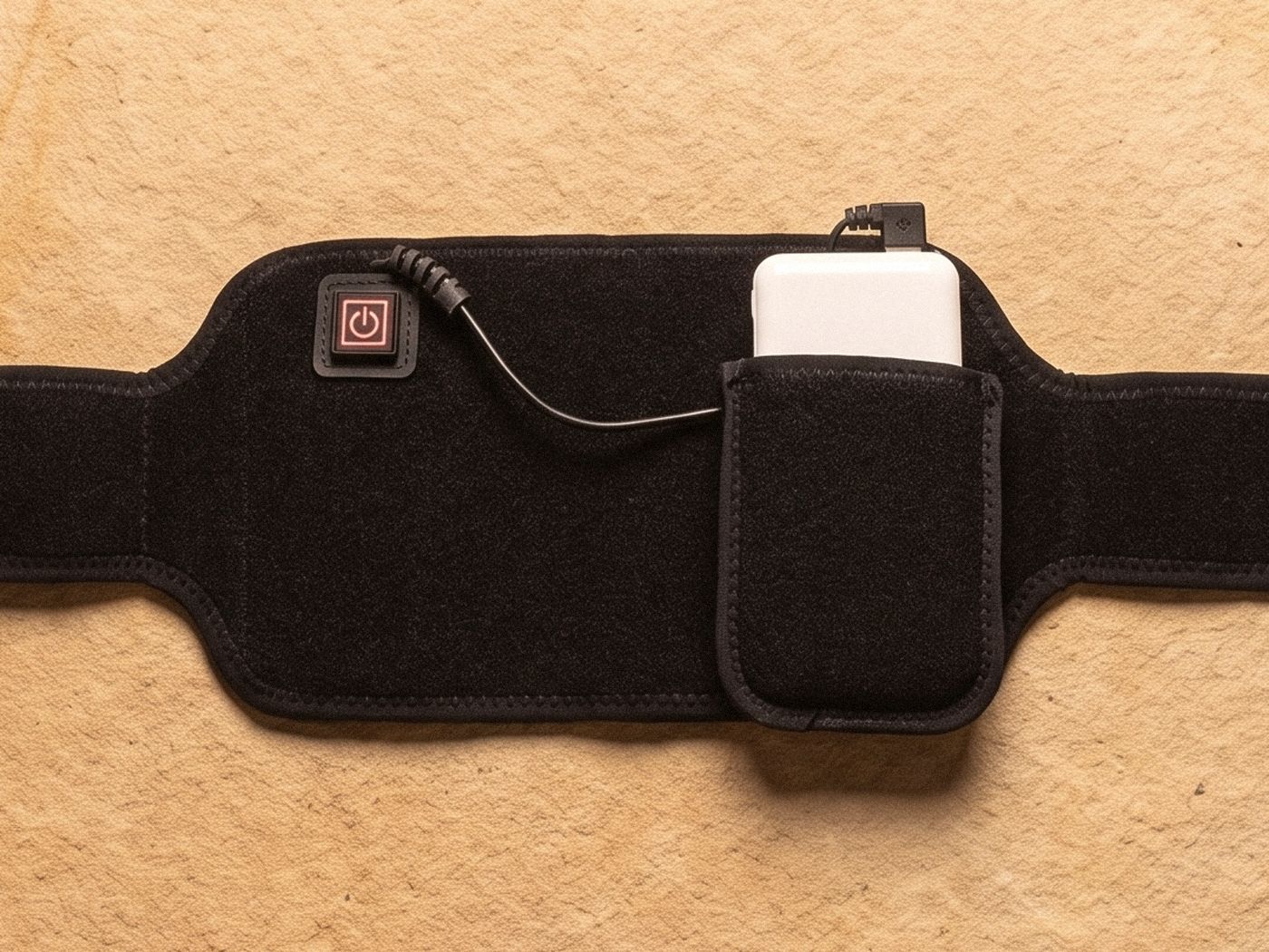 Close on Poom's single button, lit red, with the power bank tucked in the pocket beside it