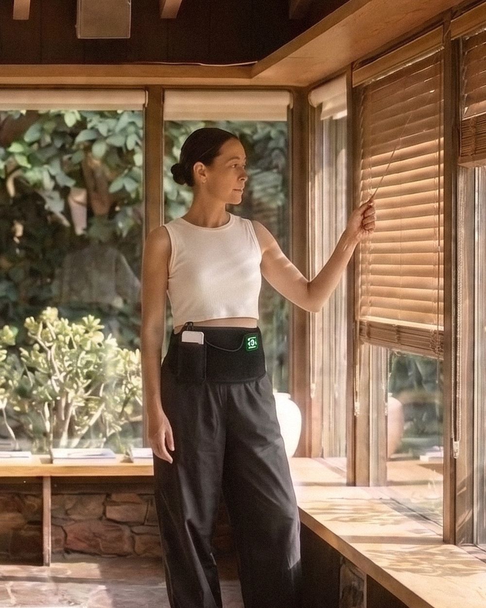 A woman standing at a sunlit window, Poom worn at the waist over black trousers