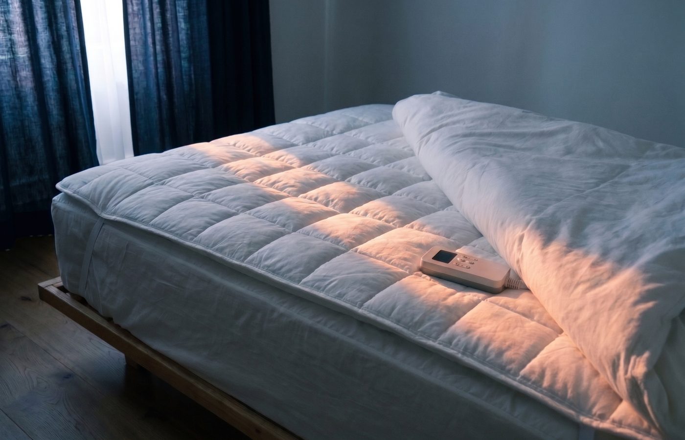 The Litual topper on a mattress in morning light — quilted surface, corner strap and the white controller resting on top